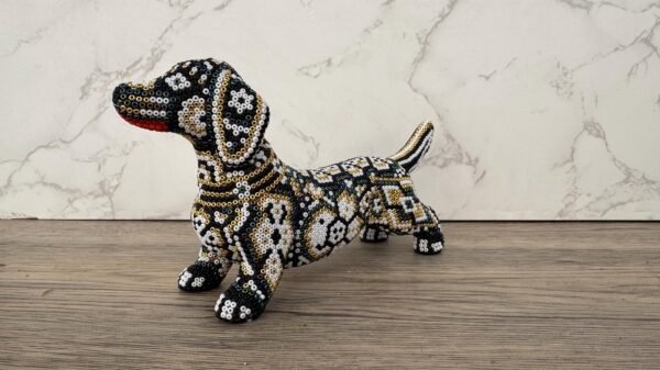 Dachshund Dog Figurine Huichol Statue Of Mexican Folk Art, Dog Wixarika As A Mexican Decorative Sculpture , Made Of Resin And Beads - Image 2