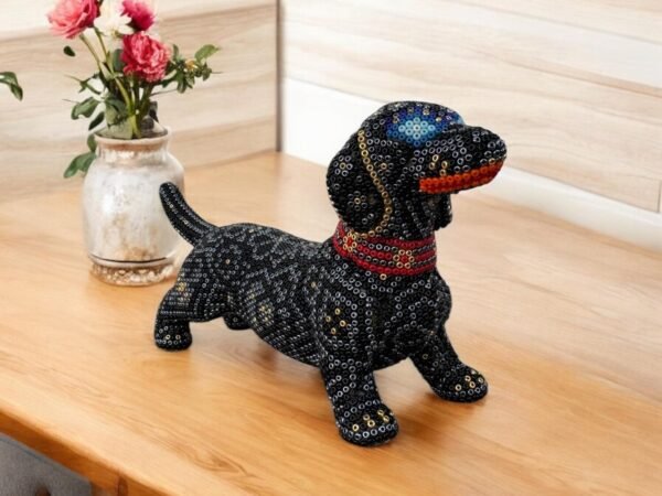 Dachshund Dog Figurine Huichol Statue Of Mexican Folk Art, Dog Wixarika As A Mexican Decorative Sculpture , Made Of Resin And Beads
