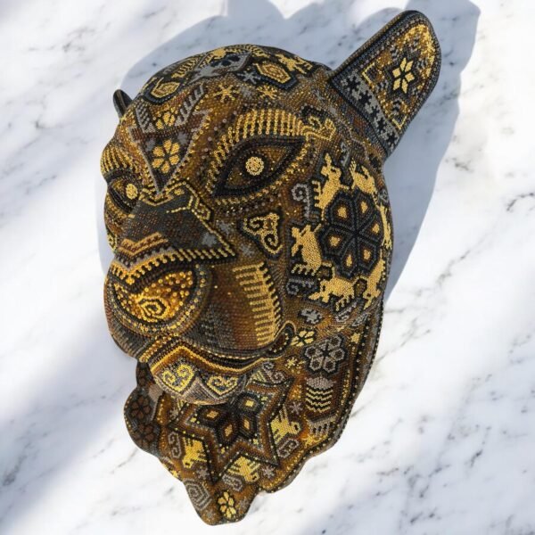 Jaguar Statue  Huichol Sculpture Of Mexican Folk Art, Panther Wixarika As A Mexican Decorative Figure , Made Of Resin, Beads We “Customize” - Image 2