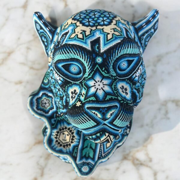 Jaguar Statue  Huichol Sculpture Of Mexican Folk Art, Panther Wixarika As A Mexican Decorative Figure , Made Of Resin, Beads We “Customize”