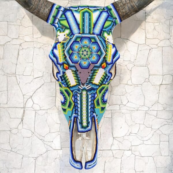 Bull Sculpture Huichol Statue Of Mexican Folk Art, Cow Wixarika As A Mexican Decorative Figure, Made Of Beads On Real Skull. “We Customize”