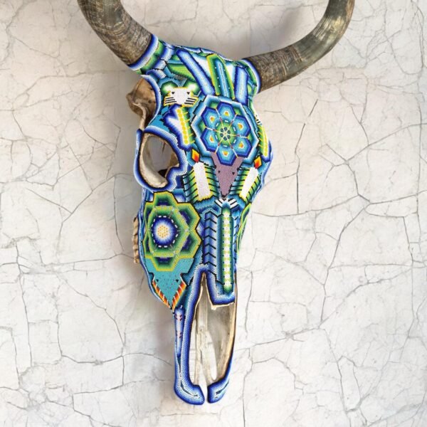 Bull Sculpture Huichol Statue Of Mexican Folk Art, Cow Wixarika As A Mexican Decorative Figure, Made Of Beads On Real Skull. “We Customize” - Image 2