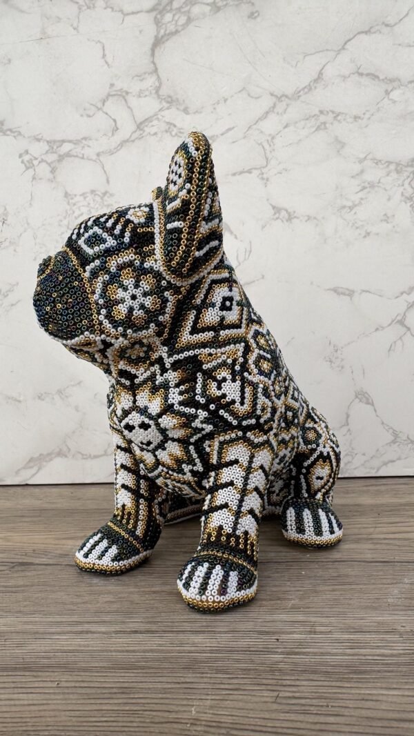 Dog Bulldog Statue Huichol Sculpture Of Mexican Folk Art, Pet Wixarika As A Mexican Decorative Figure, Made Of Resin And Beads - Image 2