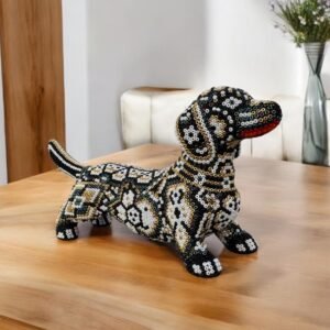 Dachshund Dog Figurine Huichol Statue Of Mexican Folk Art, Dog Wixarika As A Mexican Decorative Sculpture , Made Of Resin And Beads