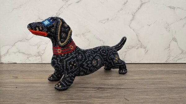 Dachshund Dog Figurine Huichol Statue Of Mexican Folk Art, Dog Wixarika As A Mexican Decorative Sculpture , Made Of Resin And Beads - Image 2