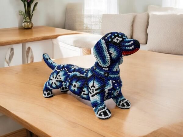 Dachshund Dog Figurine Huichol Statue Of Mexican Folk Art, Dog Wixarika As A Mexican Decorative Sculpture , Made Of Resin And Beads