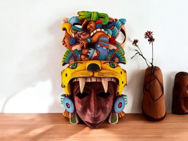Prehispanic Wooden Mask, Mayan Culture, Made By Mayan Artisans Yucatán MEX Wall Art, Hand Carved And Painted Cedar Wood Folk Art WeCUSTOMIZE