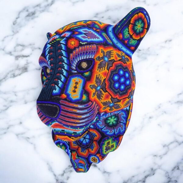 Jaguar Statue  Huichol Sculpture Of Mexican Folk Art, Panther Wixarika As A Mexican Decorative Figure , Made Of Resin, Beads We “Customize” - Image 2