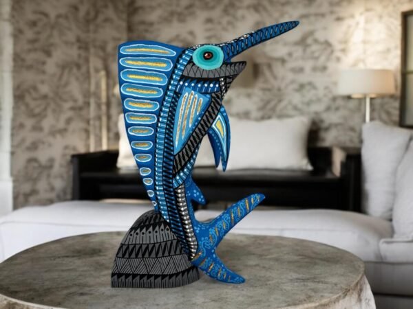 Swordfish Statue Mexican Folk Art Alebrije Sculpture, Wooden As Mexican Decoration Figurine, Made Of Wood And Carved By Hand