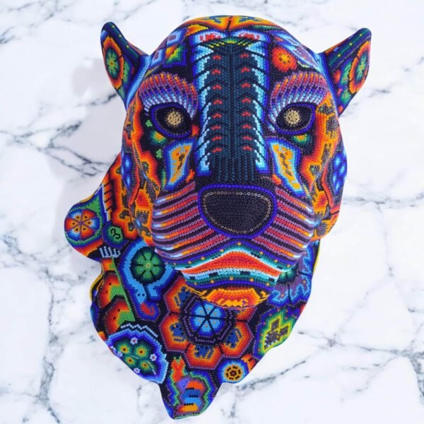 Jaguar Statue  Huichol Sculpture Of Mexican Folk Art, Panther Wixarika As A Mexican Decorative Figure , Made Of Resin, Beads We “Customize”