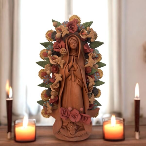 Virgin Mary Handmade Clay Piece, Virgen de Guadalupe  Mexican Decoration, Mary Virgin Sculpture, Metepec Estado de México Virgencita