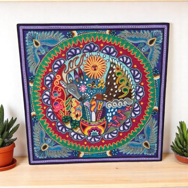 Huichol Yarn Art Deer Peyote Sun Mandala Mexican Folk Art Handmade Wixarika Spiritual Wall Decor Sacred Visionary Indigenous Mexico