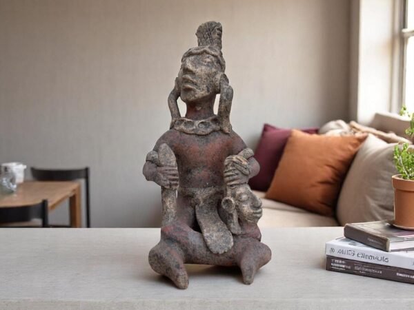 Mayan Warrior Sculpture, Handmade Clay Figurine, Feathered Headdress Statue, Ritual Sacrifice Art, Decapitated Head Detail, Pre-Columbian