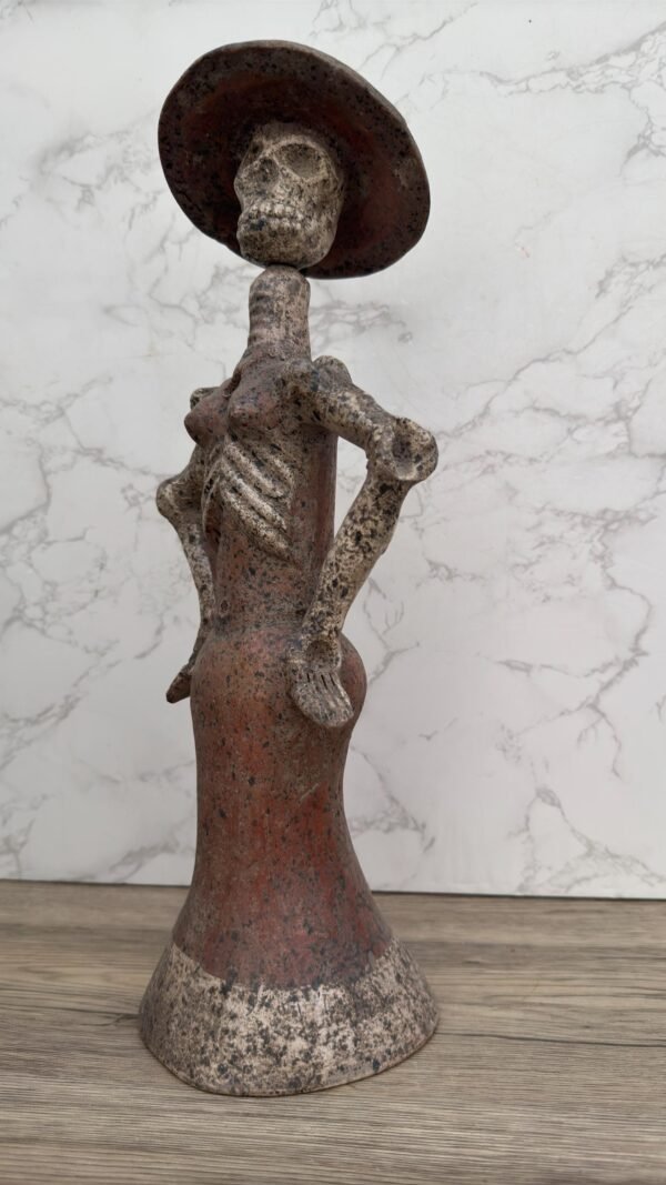 Catrina Clay Sculpture, Handmade Day of the Dead Figurine, Mexican Folk Art, Elegant Skeleton, Rustic Terracotta Decor, Día de Muertos Art - Image 2