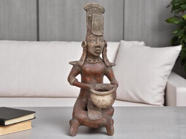 Handmade Mayan Warrior with Headdress and Bowl, Pre-Columbian Style Terracotta Statue, Mexican Indigenous Art from Metepec, Rustic Tribal