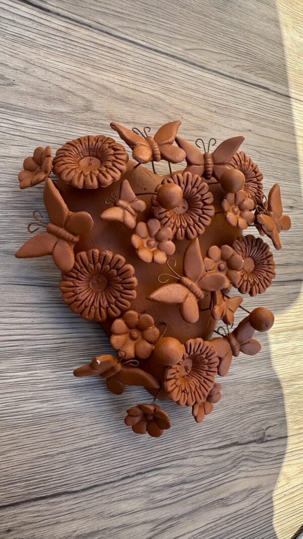 Mexican Heart Wall Art – Clay Heart Tree of Life – Rustic Wall Hanging – Handmade Floral Heart Decor – Michoacan Mexican Folk Art Sculpture - Image 2