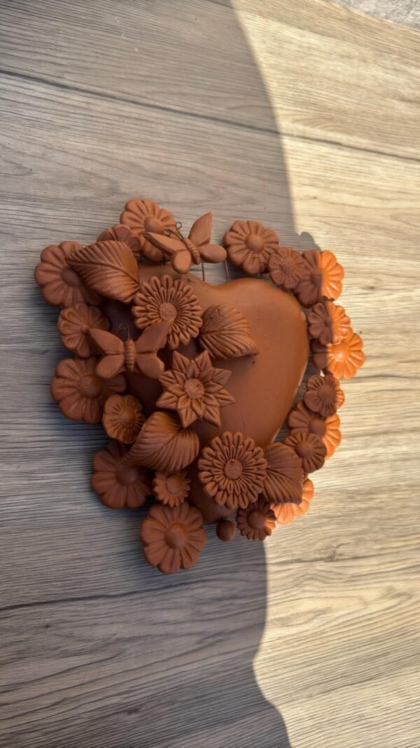 Mexican Heart Wall Art – Clay Heart Tree of Life – Rustic Wall Hanging – Handmade Floral Heart Decor – Michoacan Mexican Folk Art Sculpture - Image 2