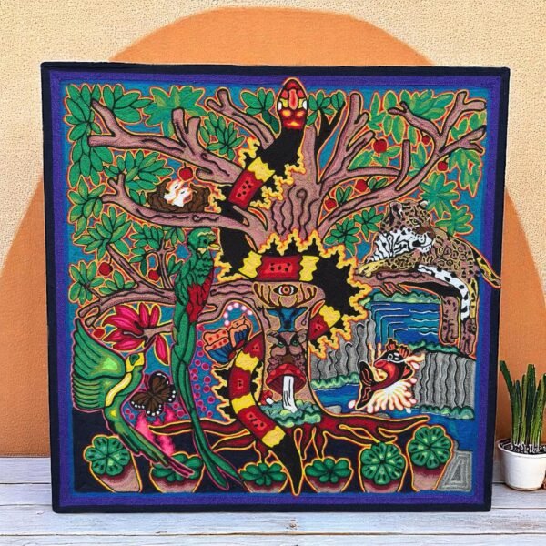Huichol Yarn Art Jaguar Tree of Life Mexican Folk Art Sacred Vision Handmade Wall Art Spiritual Decor Wixárika Art Nayarit Mexico