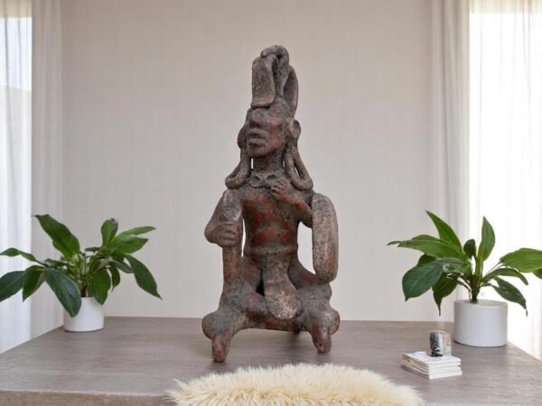 Mayan Warrior Sculpture, Handmade Clay Figure, Feathered Headdress Statue, Shield and Vessel Decor, Art Indigenous Heritage Fustic Home