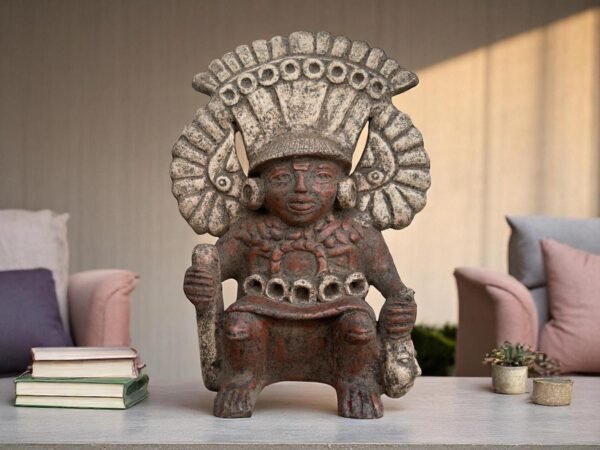 Pre-Columbian Warrior Sculpture, Handmade Clay Statue, Feathered Headdress Figurine, Ritual Offering Figure, Terracotta Ceremonial Art