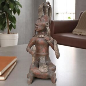 Mayan Warrior Sculpture, Handmade Clay Figure, Pre-Columbian Art Statue, Feathered Headdress, Shield Club Figure, Terracotta Mesoamerican