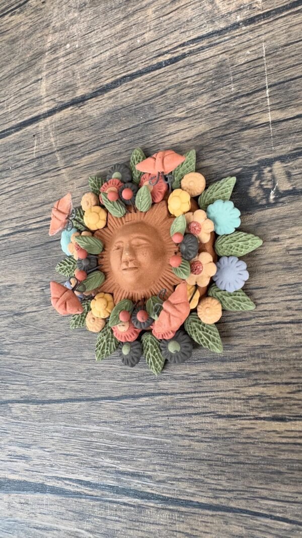 Sun Figurine With Butterflies Of Pigment Clay, Mexican Folk Art, Sun Sculpture With Hook For Wall Hanging Capula Michoacán Figurine - Image 3