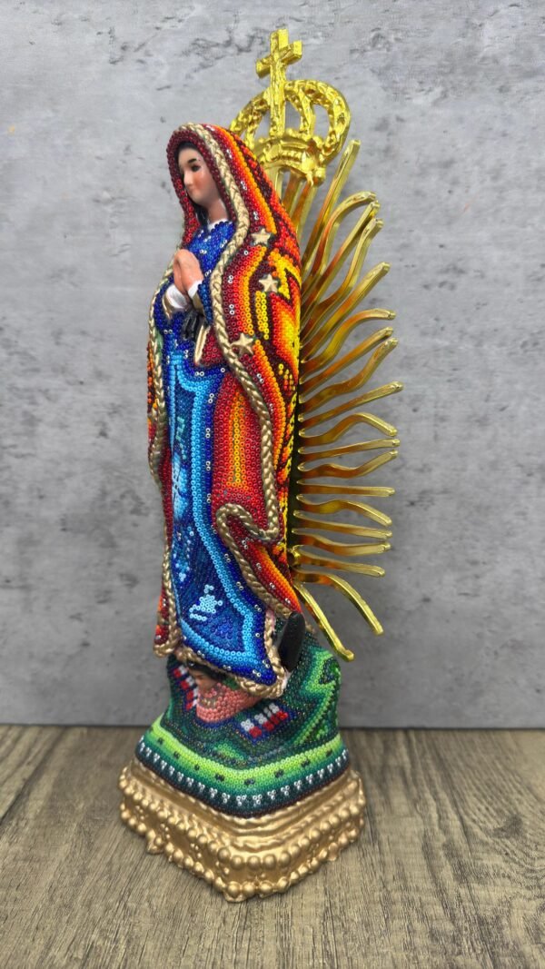 Virgin Mary statue Huichol Sculpture Of Mexican Folk Art, Guadalupe Wixarika As A Mexican Religious statues  , Made Of Resin And Beads - Image 3