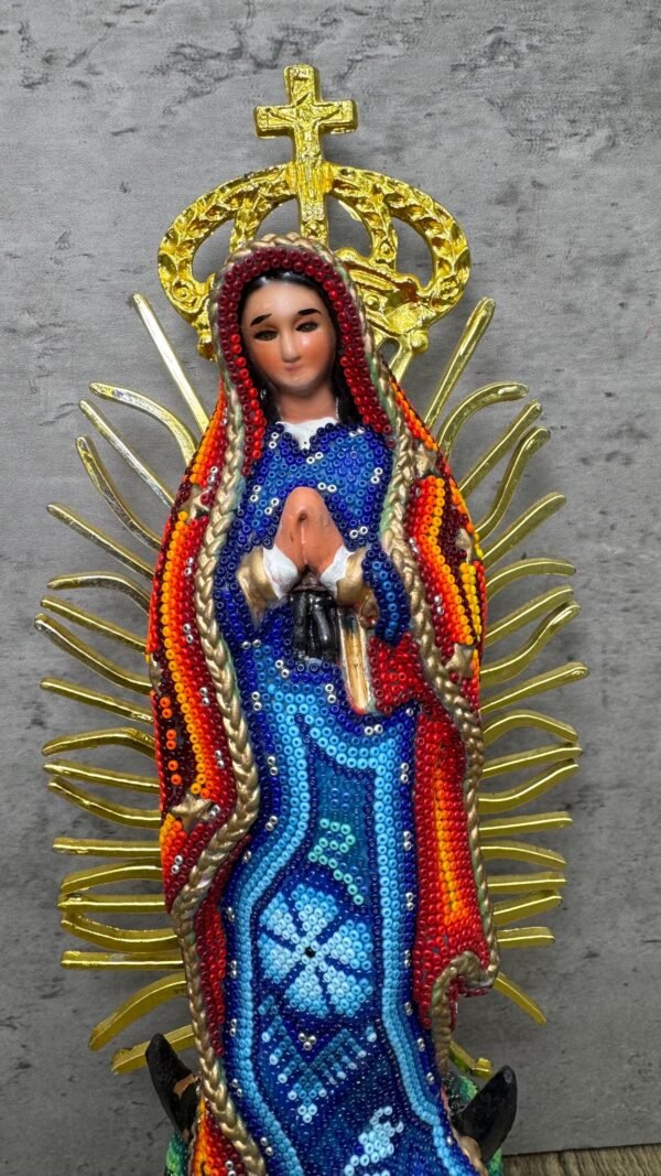 Virgin Mary statue Huichol Sculpture Of Mexican Folk Art, Guadalupe Wixarika As A Mexican Religious statues  , Made Of Resin And Beads - Image 4