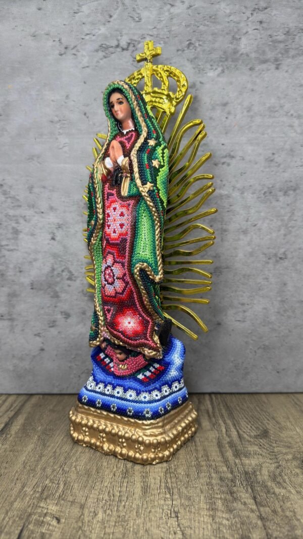 Virgin Mary statue Huichol Sculpture Of Mexican Folk Art, Guadalupe Wixarika As A Mexican Religious statues  , Made Of Resin And Beads - Image 3