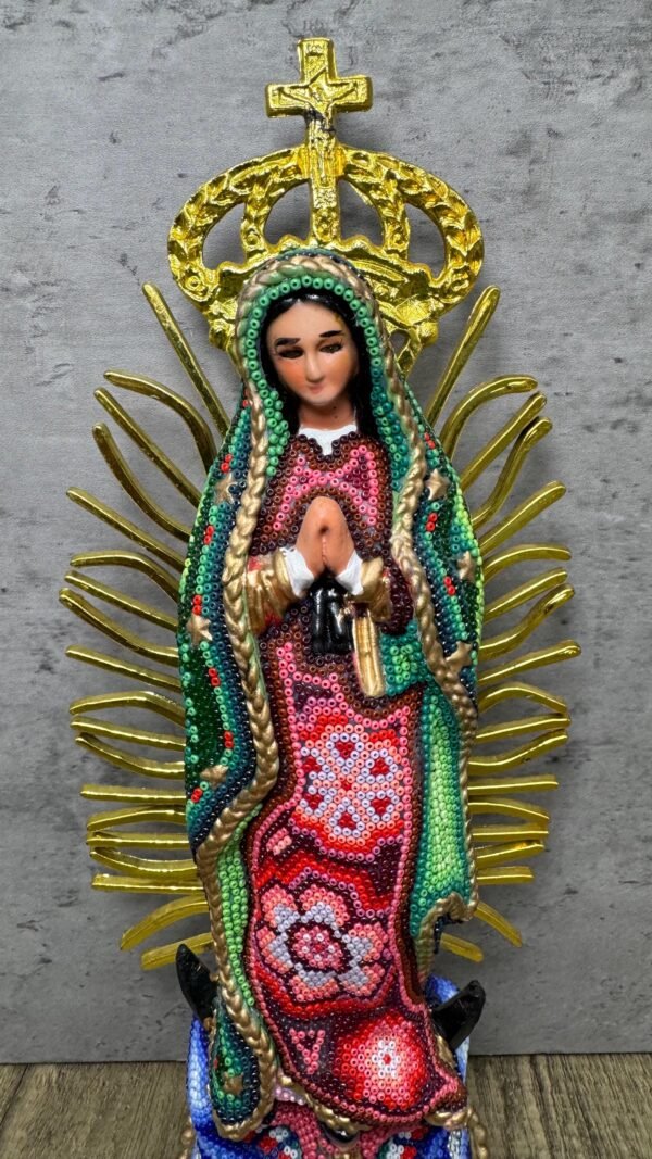 Virgin Mary statue Huichol Sculpture Of Mexican Folk Art, Guadalupe Wixarika As A Mexican Religious statues  , Made Of Resin And Beads - Image 4