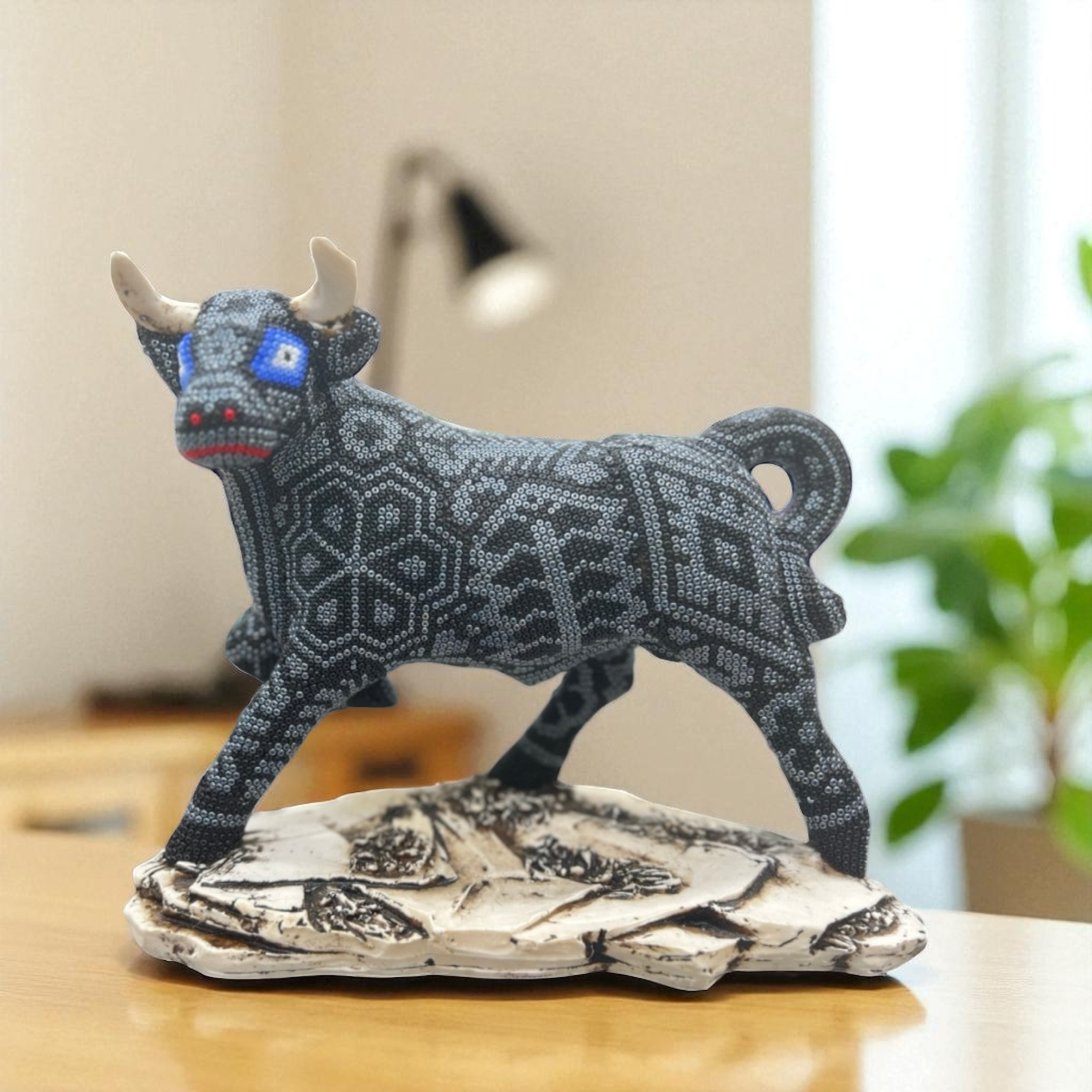 Bull Wixarika Art Huichol Indigenous Sculpture   Mexican Handicrafts. Piece Made Of Resin Cover With Beewax And Beads