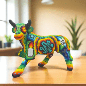 Bull Wixarika Art Huichol Indigenous Sculpture   Mexican Handicrafts. Piece Made Of Resin Cover With Beewax And Beads