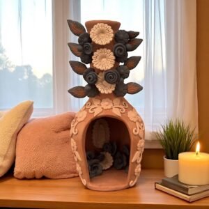 Mini Chimney Handcrafted Oaxacan  With Pastillaje Or Filigrana - Natural Clay Mexican Artistry, Decorative Home Accent, Unique Artisanal