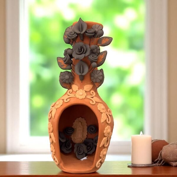Mini Chimney Virgin Handcrafted Oaxacan With Pastillaje, Filigrana - Natural Clay Mexican Artistry, Decorative Home Accent, Unique Artisanal