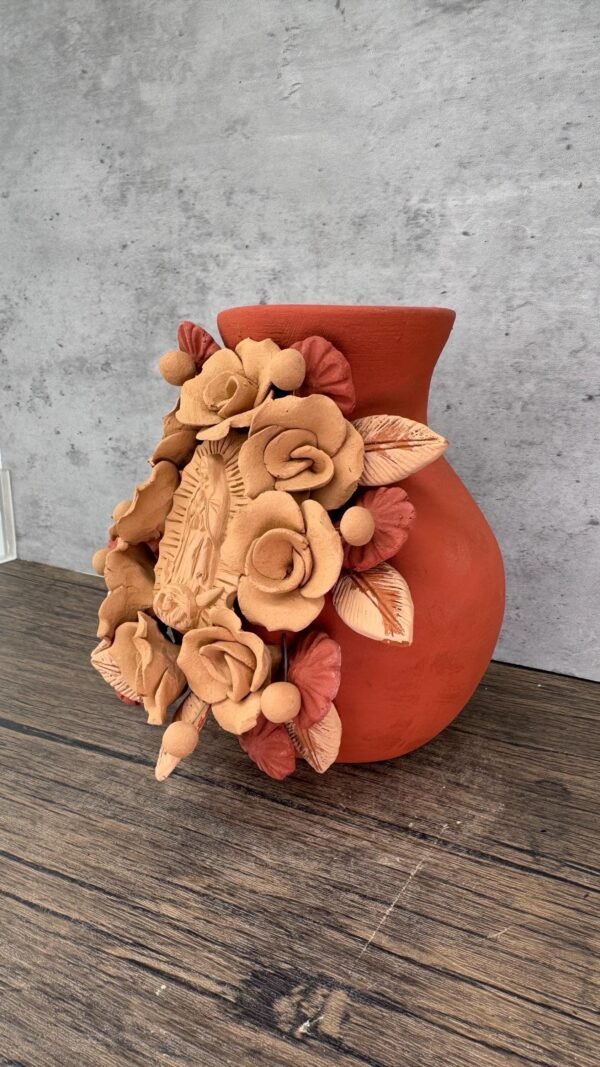 Mary Virgin Filigrana Clay Flower Vase, Artistic  Oaxaca México By Artisans Handmade Crafts, Home Decor Folk Art,  Virgen de Guadalupe - Image 2