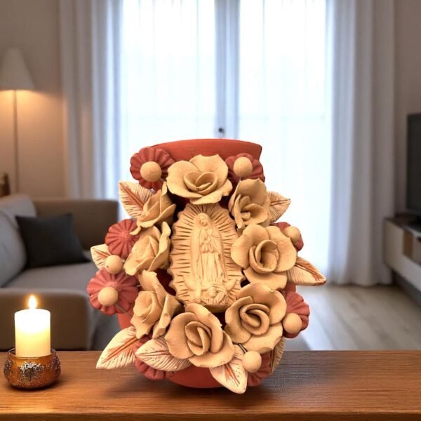 Mary Virgin Filigrana Clay Flower Vase, Artistic  Oaxaca México By Artisans Handmade Crafts, Home Decor Folk Art,  Virgen de Guadalupe