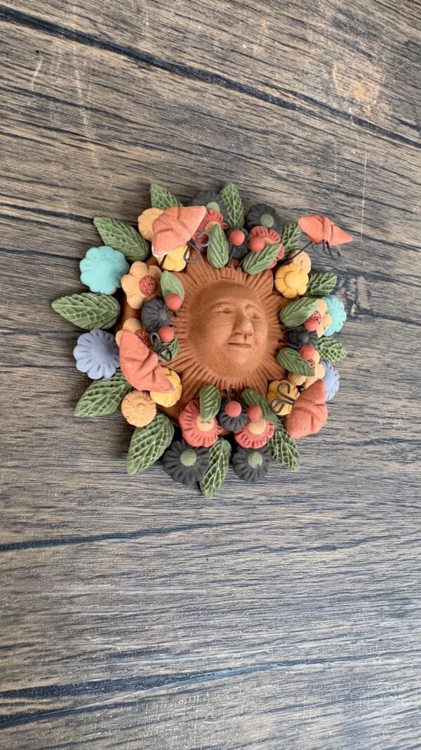 Sun Figurine With Butterflies Of Pigment Clay, Mexican Folk Art, Sun Sculpture With Hook For Wall Hanging Capula Michoacán Figurine - Image 2
