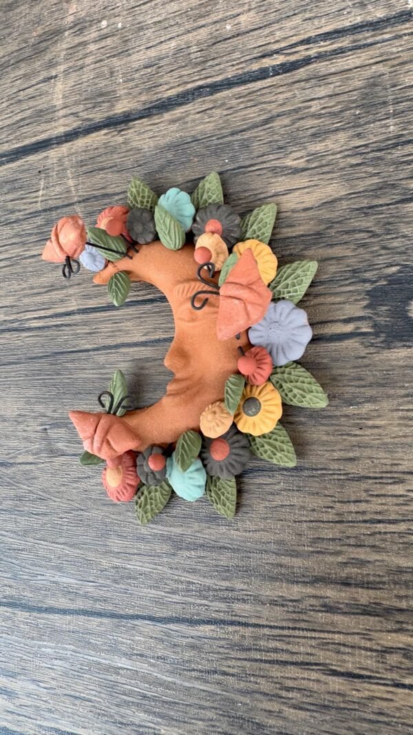 Moon Figurine With Butterflies Of Pigment Clay, Mexican Folk Art, Moon Sculpture With Hook For Wall Hanging Capula Michoacán Figurine - Image 2