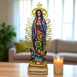 Virgin Mary statue Huichol Sculpture Of Mexican Folk Art, Guadalupe Wixarika As A Mexican Religious statues  , Made Of Resin And Beads