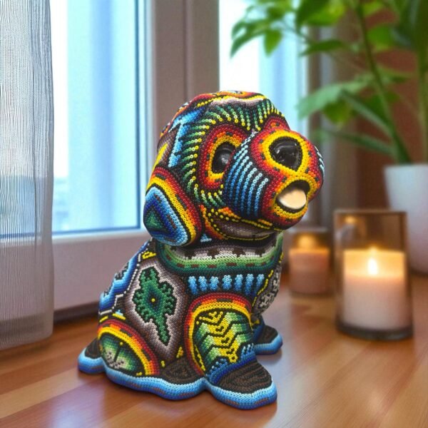 Dog Bulldog Statue Huichol Sculpture Of Mexican Folk Art, Pet Wixarika As A Mexican Decorative Figure, Made Of Resin And Beads