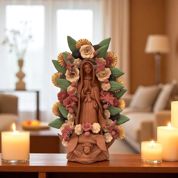 Virgin Mary Handmade Clay Piece, Virgen de Guadalupe  Mexican Decoration, Mary Virgin Sculpture, Metepec Estado de México Virgencita