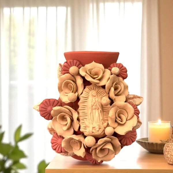 Mary Virgin Filigrana Clay Flower Vase, Artistic  Oaxaca México By Artisans Handmade Crafts, Home Decor Folk Art,  Virgen de Guadalupe