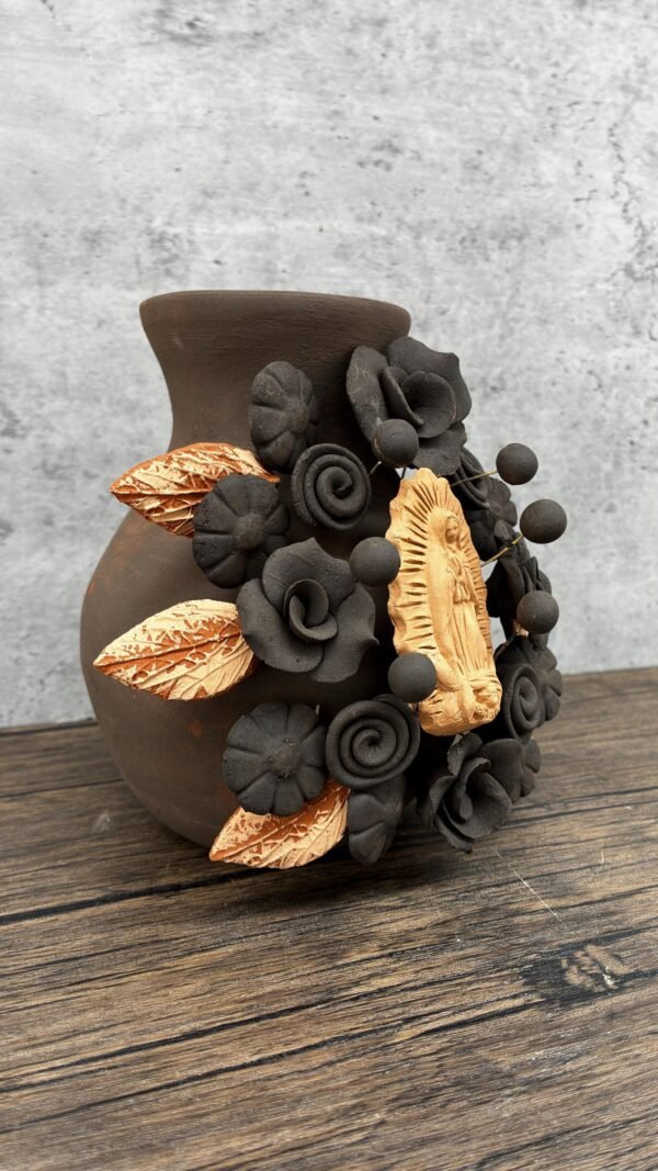 Mary Virgin Filigrana Clay Flower Vase, Artistic  Oaxaca México By Artisans Handmade Crafts, Home Decor Folk Art,  Virgen de Guadalupe - Image 2