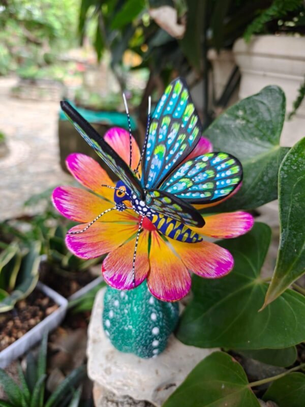 Butterflie Viznaga Statue Mexican Folk Art Alebrije Sculpture, Wooden As Mexican Decoration Figurine, Made Of Wood And Carved By Hand - Image 2