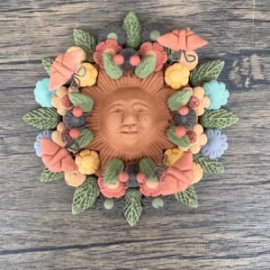 Sun Figurine With Butterflies Of Pigment Clay, Mexican Folk Art, Sun Sculpture With Hook For Wall Hanging Capula Michoacán Figurine