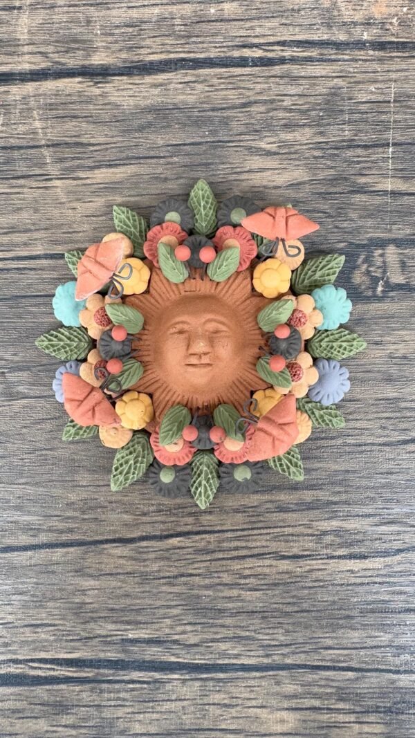 Sun Figurine With Butterflies Of Pigment Clay, Mexican Folk Art, Sun Sculpture With Hook For Wall Hanging Capula Michoacán Figurine