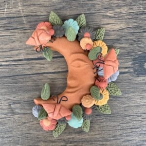 Moon Figurine With Butterflies Of Pigment Clay, Mexican Folk Art, Moon Sculpture With Hook For Wall Hanging Capula Michoacán Figurine