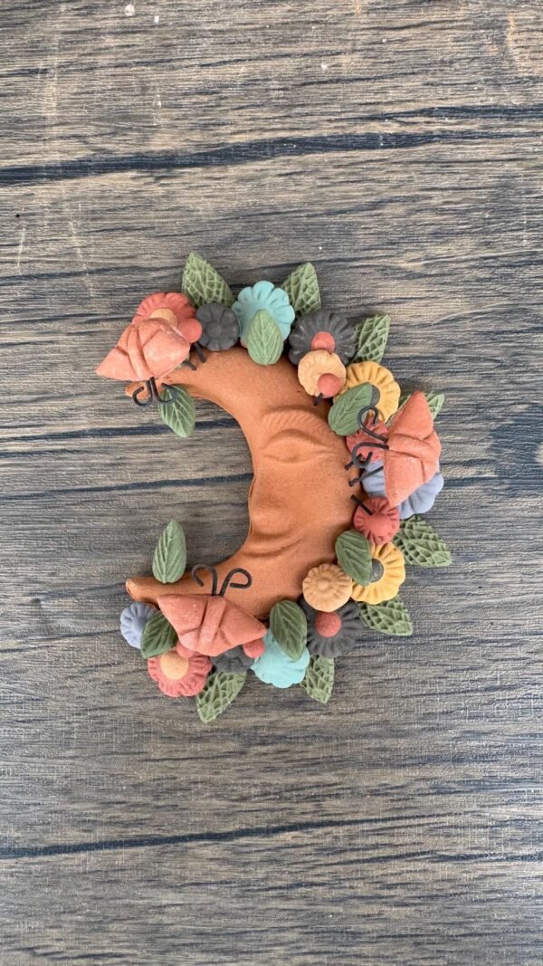 Moon Figurine With Butterflies Of Pigment Clay, Mexican Folk Art, Moon Sculpture With Hook For Wall Hanging Capula Michoacán Figurine