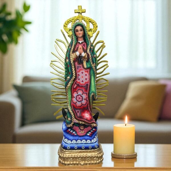 Virgin Mary statue Huichol Sculpture Of Mexican Folk Art, Guadalupe Wixarika As A Mexican Religious statues  , Made Of Resin And Beads
