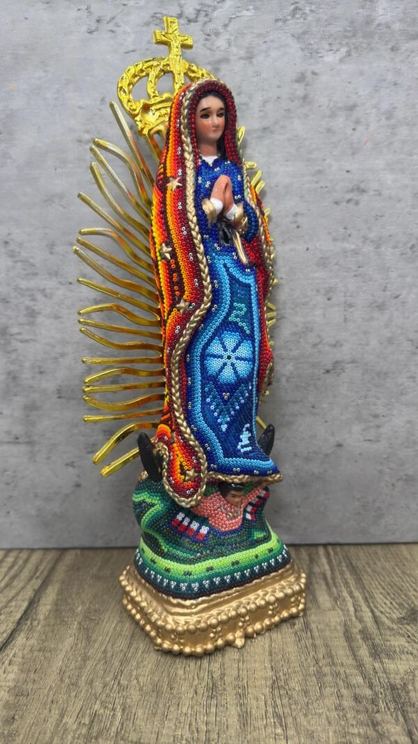 Virgin Mary statue Huichol Sculpture Of Mexican Folk Art, Guadalupe Wixarika As A Mexican Religious statues  , Made Of Resin And Beads - Image 2
